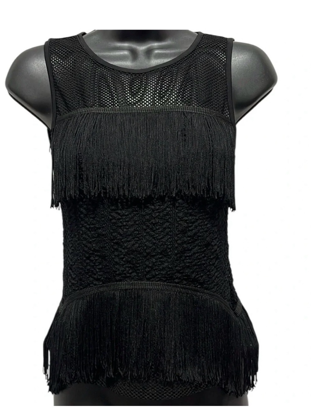 Bebe black fringe mesh tank
